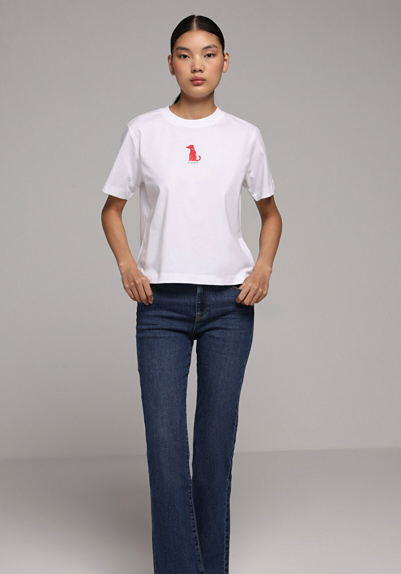 Boxy Fit Yuvarlak Yaka Baskılı Kadın Beyaz Kısa Kol Tişört