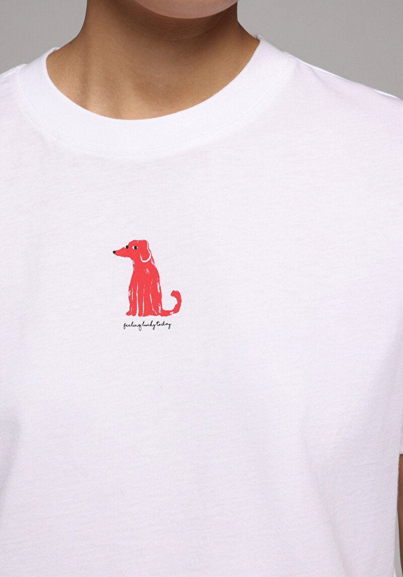 Boxy Fit Yuvarlak Yaka Baskılı Kadın Beyaz Kısa Kol Tişört