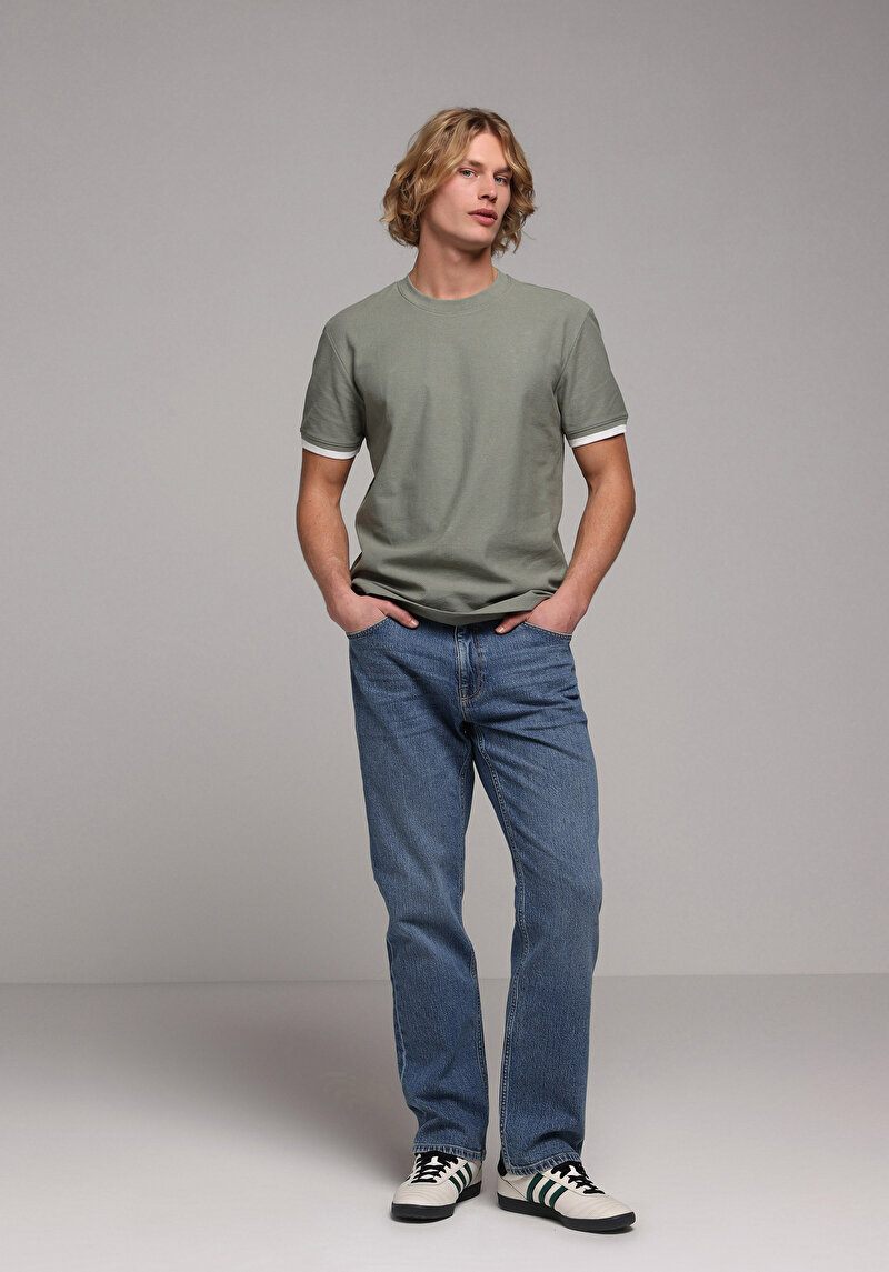 Regular Fit Yuvarlak Yaka Düz Erkek Yeşil Kısa Kol Tişört