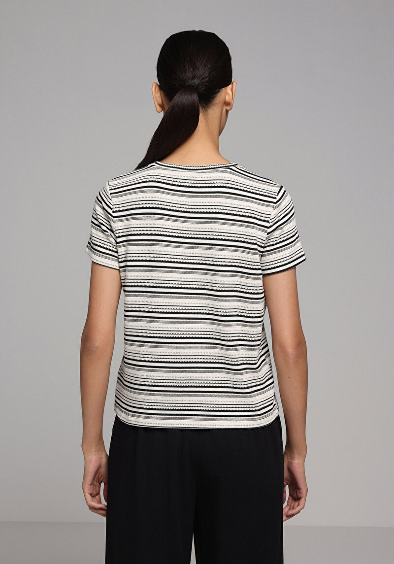 Regular Fit Yuvarlak Yaka Çizgili Kadın Çok Renkli Kısa Kol Tişört
