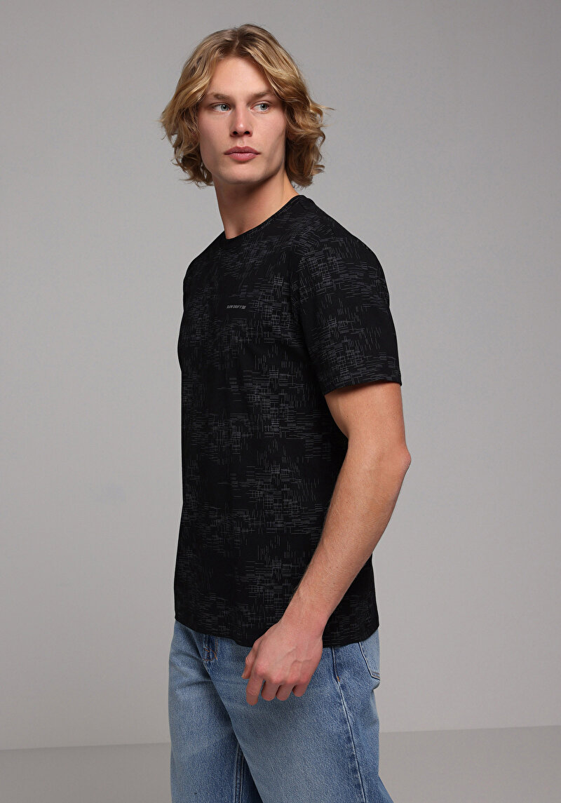 Regular Fit Yuvarlak Yaka Baskılı Erkek Siyah Kısa Kol Tişört