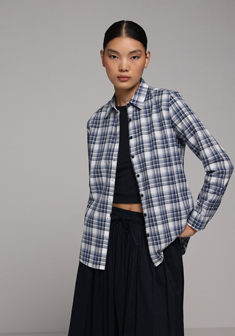 Regular Fit Shirt Neck Kareli Kadın Lacivert Uzun Kol Gömlek