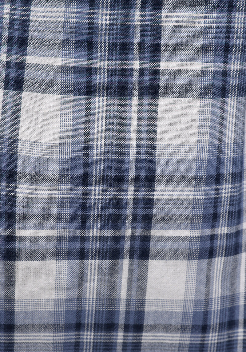 Regular Fit Shirt Neck Kareli Kadın Lacivert Uzun Kol Gömlek