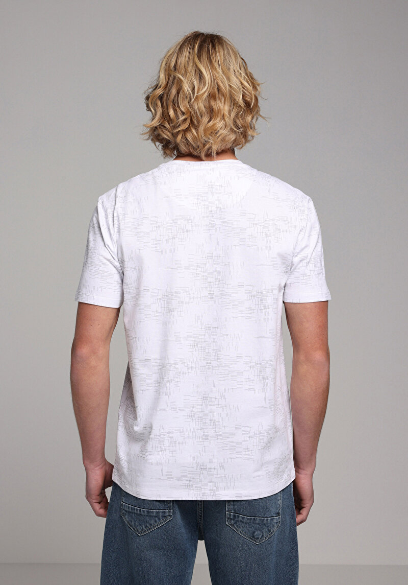 Regular Fit Yuvarlak Yaka Baskılı Erkek Beyaz Kısa Kol Tişört