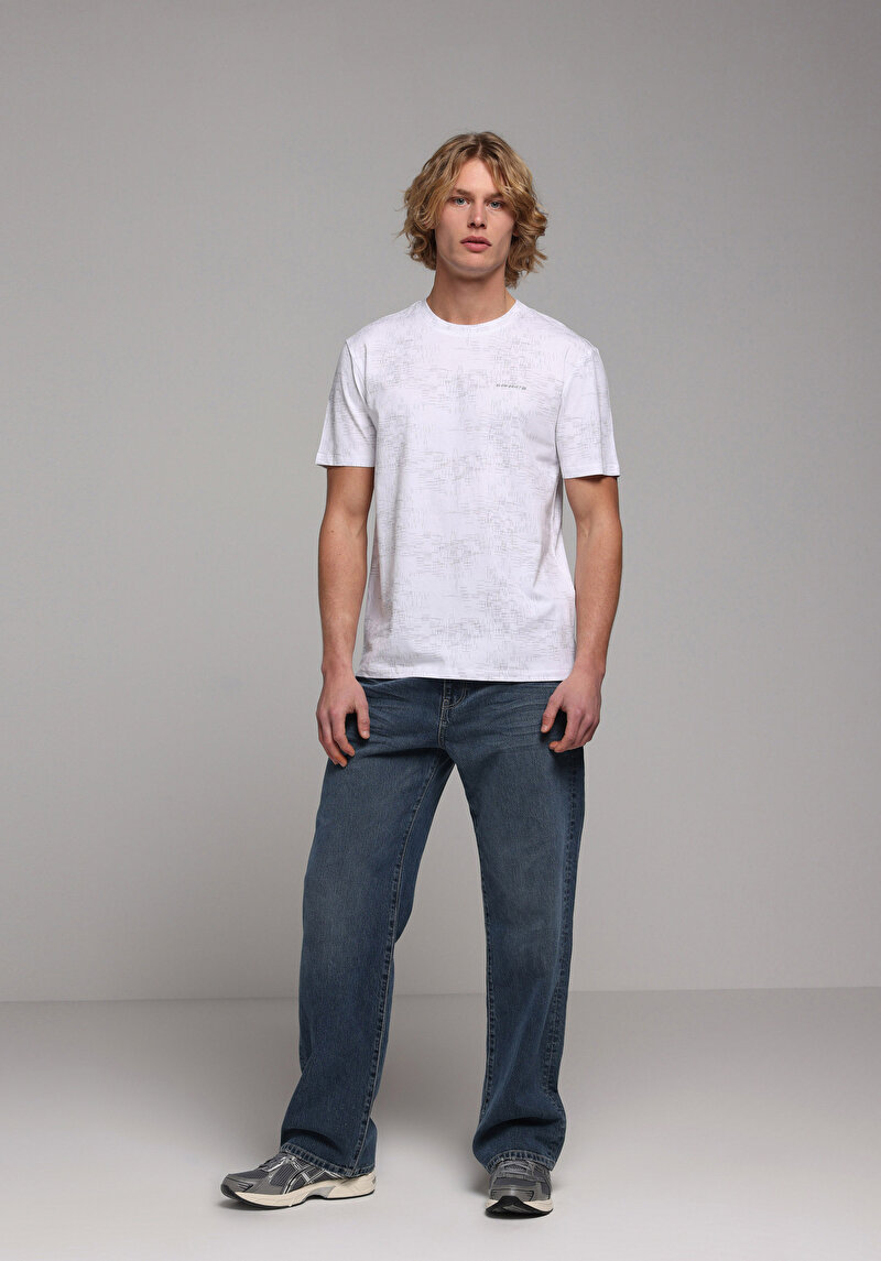 Regular Fit Yuvarlak Yaka Baskılı Erkek Beyaz Kısa Kol Tişört