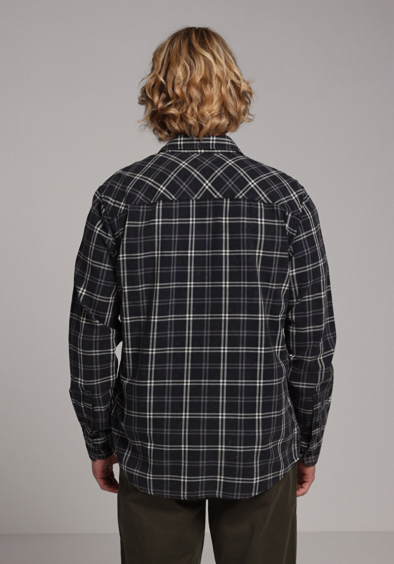 Regular Fit Shirt Neck Ekoseli Erkek Siyah Uzun Kol Gömlek