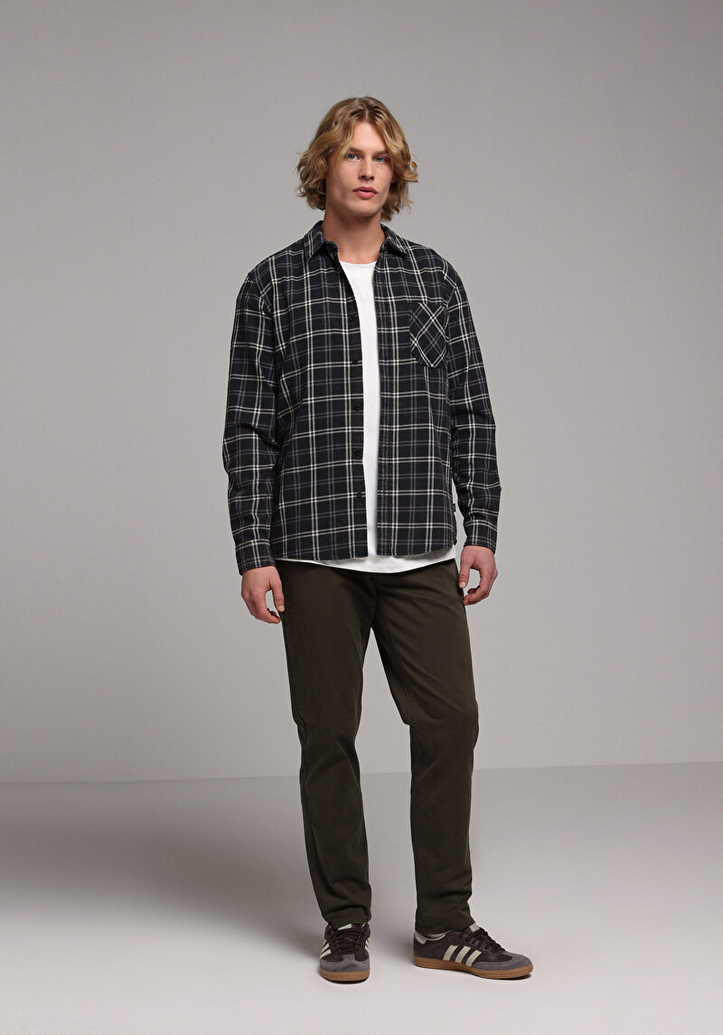 Regular Fit Shirt Neck Ekoseli Erkek Siyah Uzun Kol Gömlek