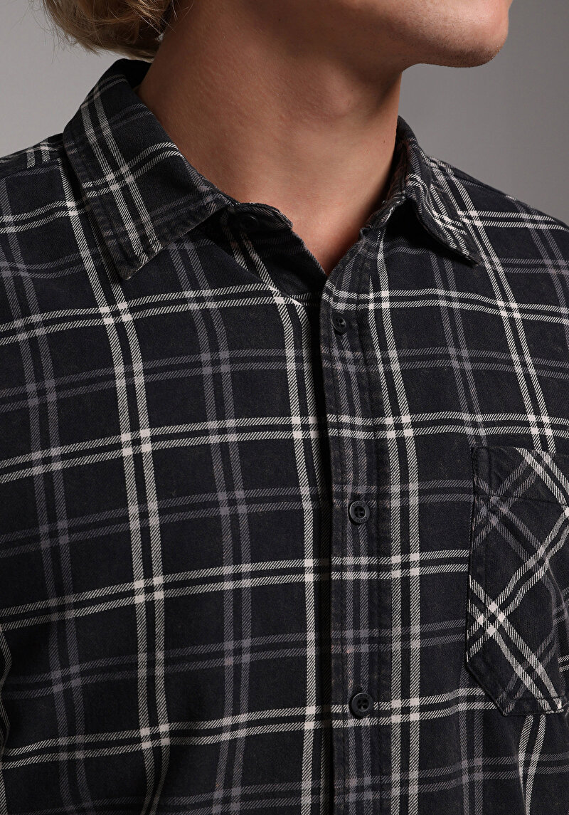 Regular Fit Shirt Neck Ekoseli Erkek Siyah Uzun Kol Gömlek