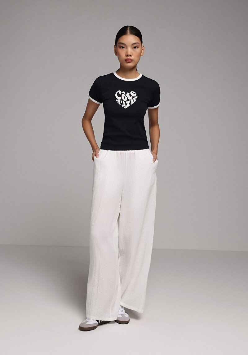 Regular Fit Yüksel Bel Geniş Paça Kadın Beyaz  Pantolon