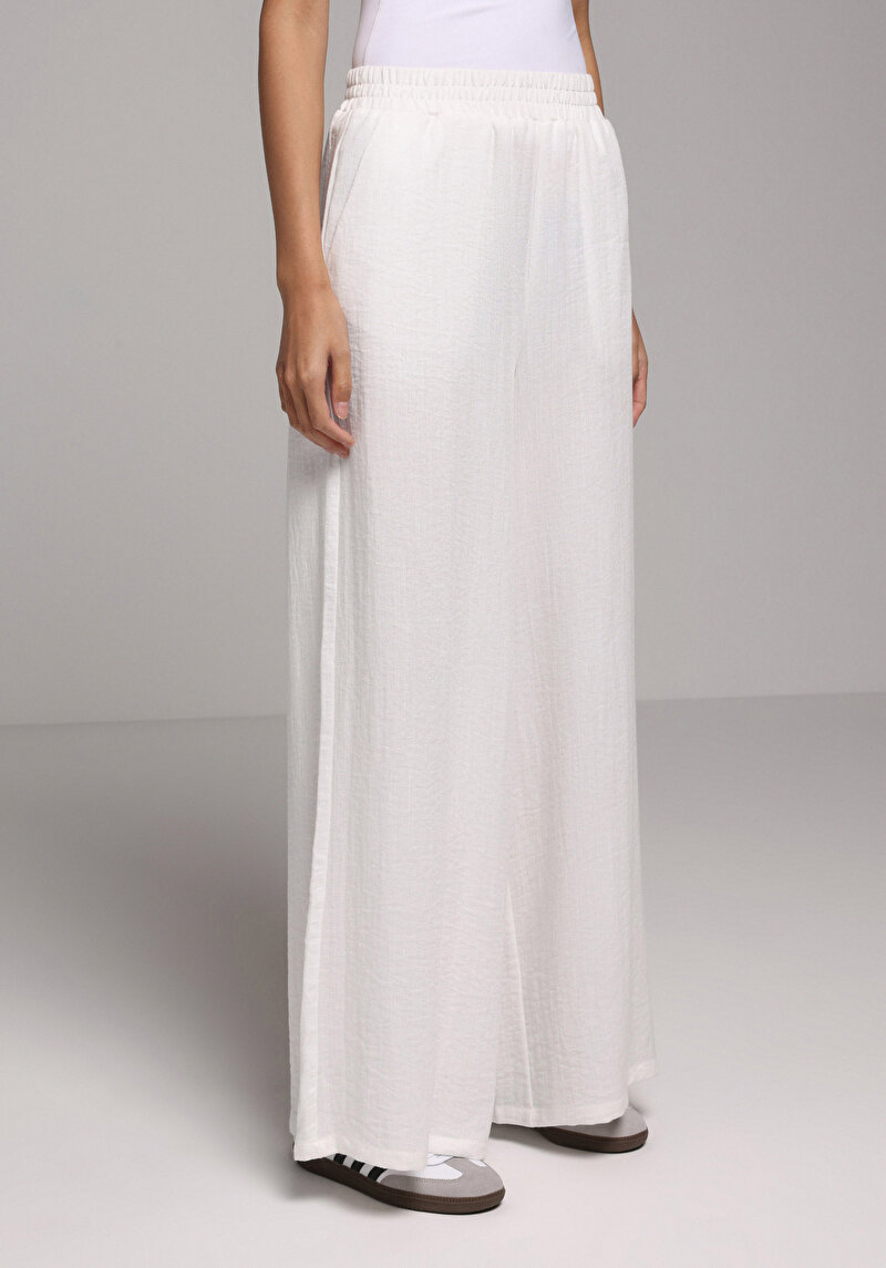 Regular Fit Yüksel Bel Geniş Paça Kadın Beyaz  Pantolon