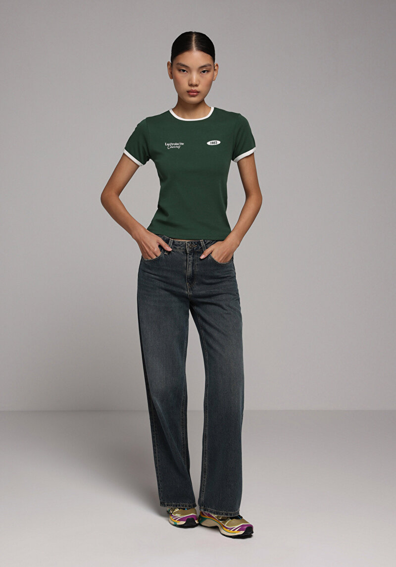 Slim Fit Yuvarlak Yaka Baskılı Kadın Yeşil Kısa Kol Tişört