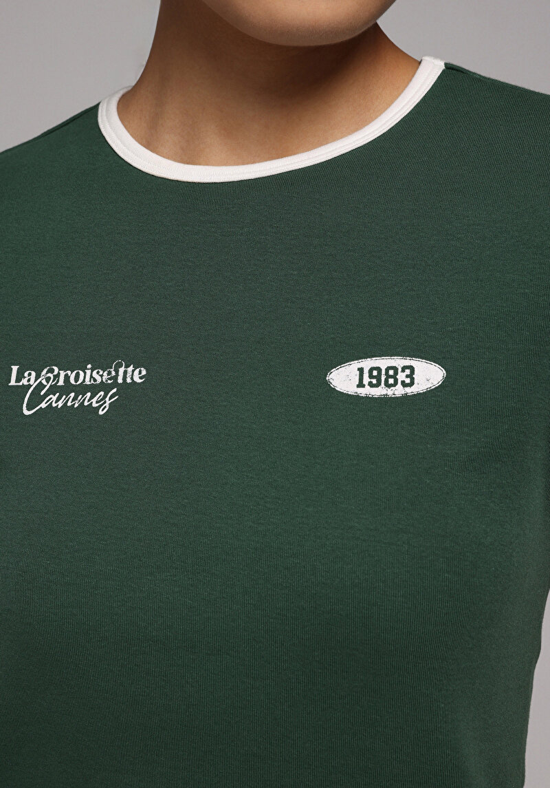 Slim Fit Yuvarlak Yaka Baskılı Kadın Yeşil Kısa Kol Tişört