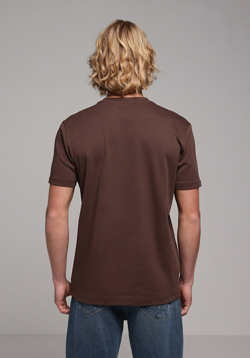 Regular Fit Yuvarlak Yaka Düz Erkek Kahverengi Kısa Kol Tişört