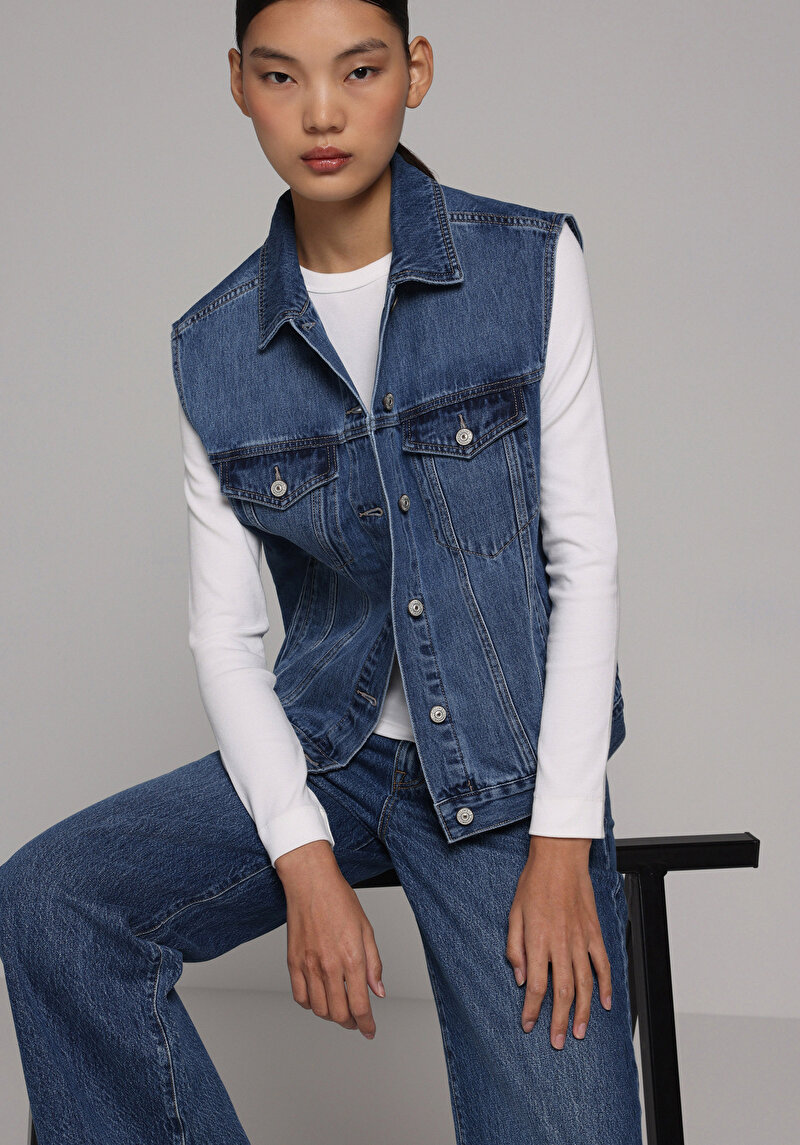 Regular Fit Kadın Mid İndigo Denim Yelek