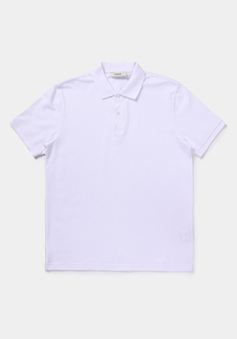 Regular Fit Polo Yaka Düz Erkek Beyaz Pamuklu Cepsiz Kısa Kol Tişört