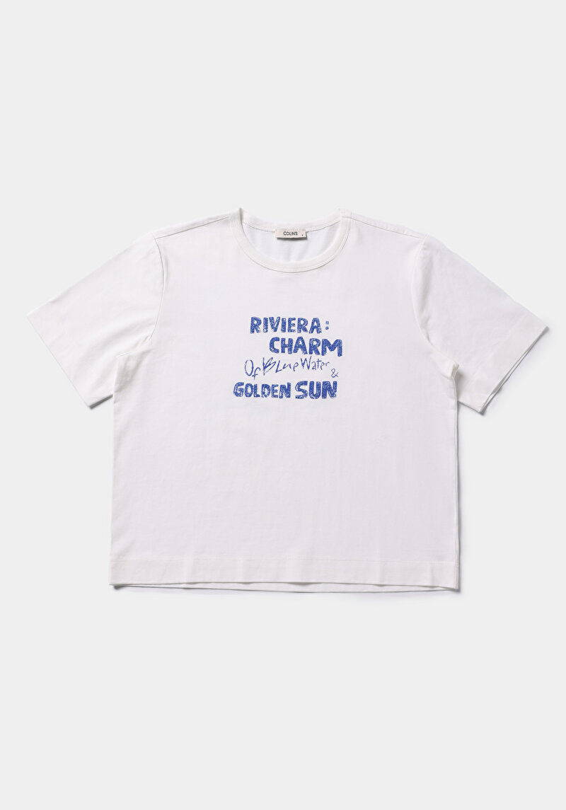 Regular Fit Yuvarlak Yaka Nakışlı Kadın Beyaz Kısa Kol Tişört