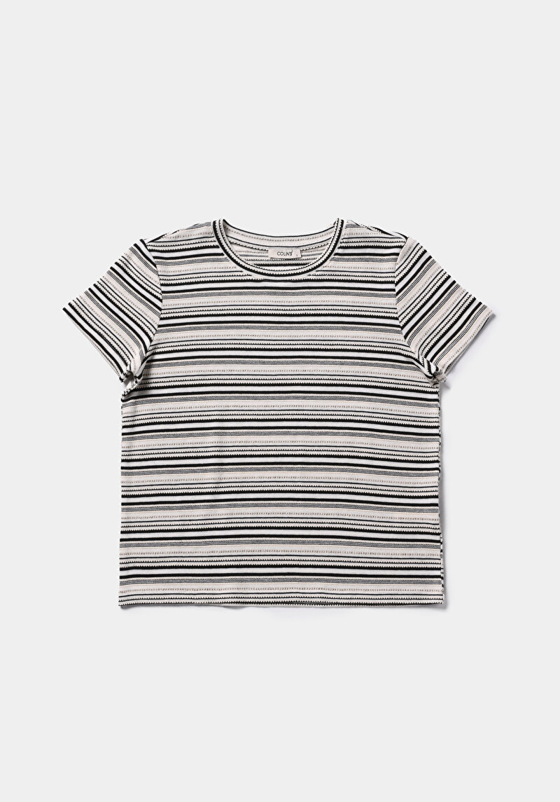Regular Fit Yuvarlak Yaka Çizgili Kadın Çok Renkli Kısa Kol Tişört