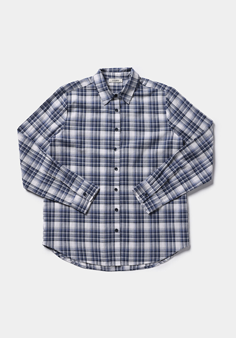 Regular Fit Shirt Neck Kareli Kadın Lacivert Uzun Kol Gömlek