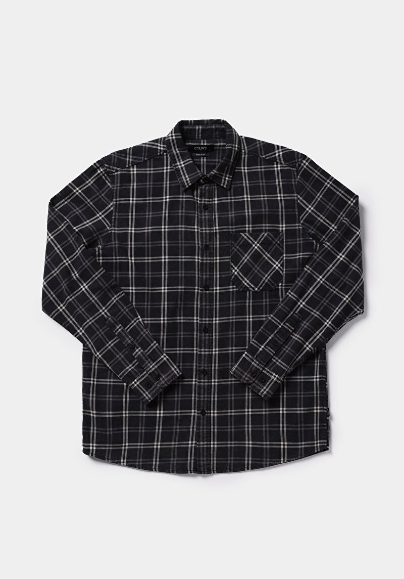 Regular Fit Shirt Neck Ekoseli Erkek Siyah Uzun Kol Gömlek