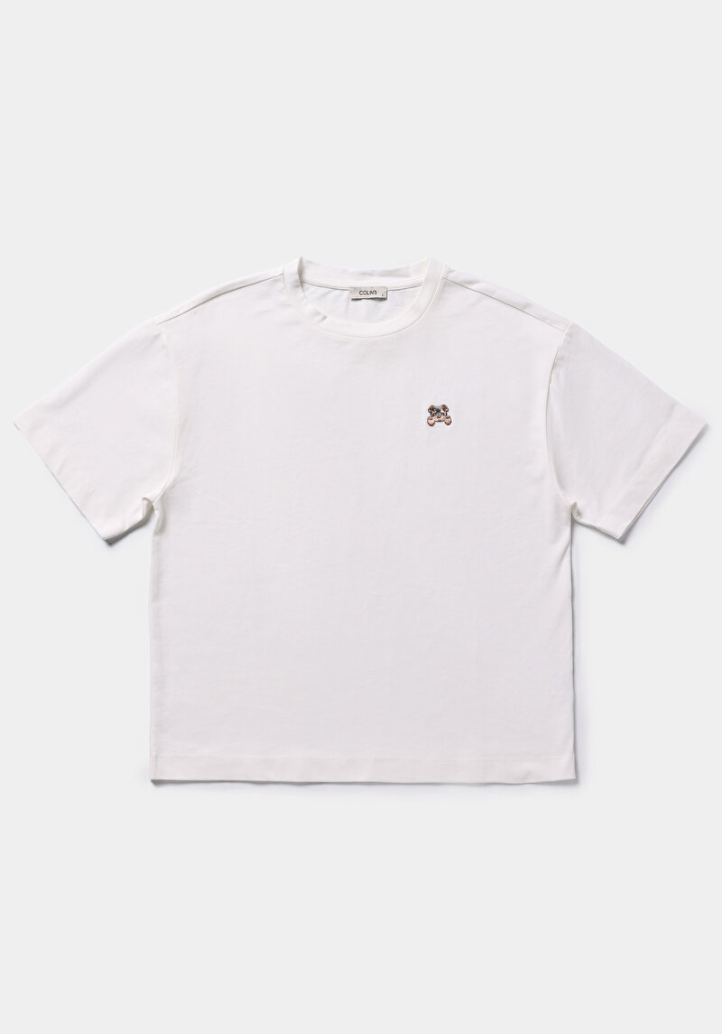 Boyfriend Fit Yuvarlak Yaka Nakışlı Kadın Beyaz Kısa Kol Tişört