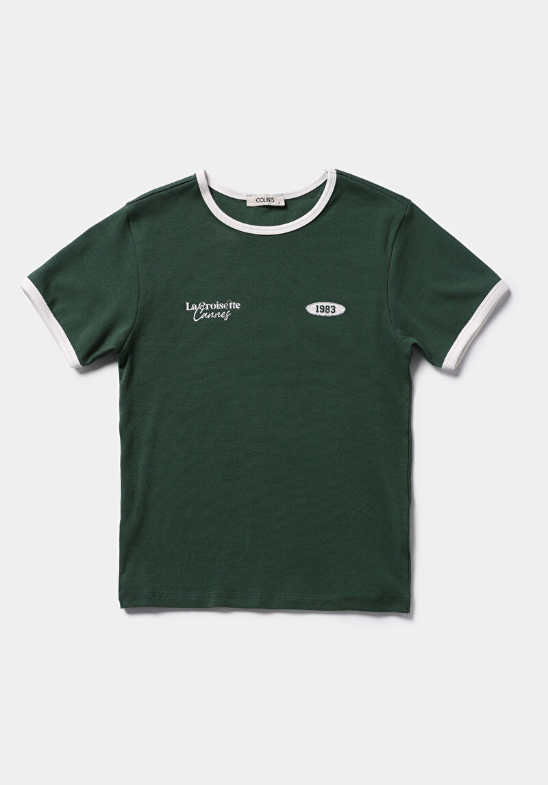 Slim Fit Yuvarlak Yaka Baskılı Kadın Yeşil Kısa Kol Tişört