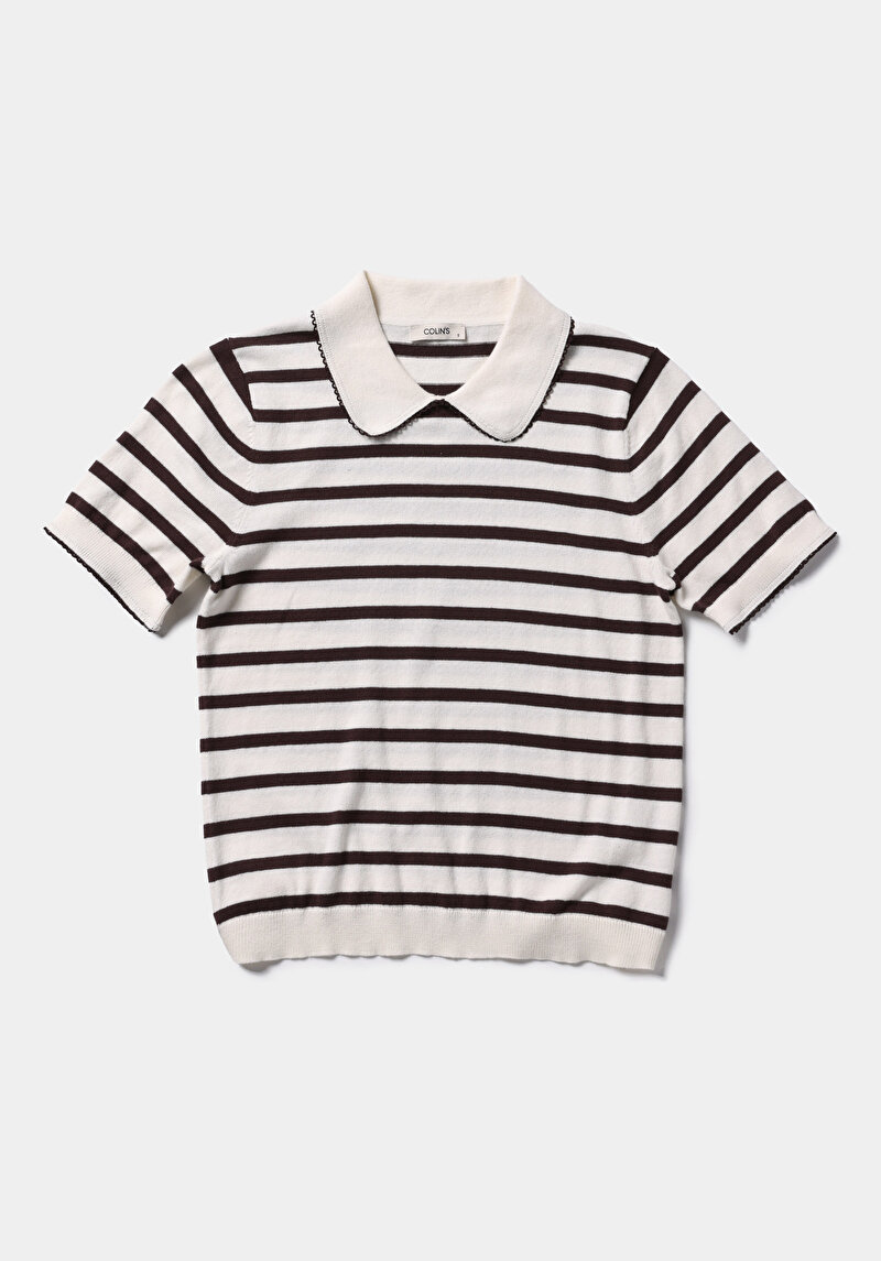 Slim Fit Polo Yaka Çizgili Kadın Kahverengi Kısa Kol Kazak