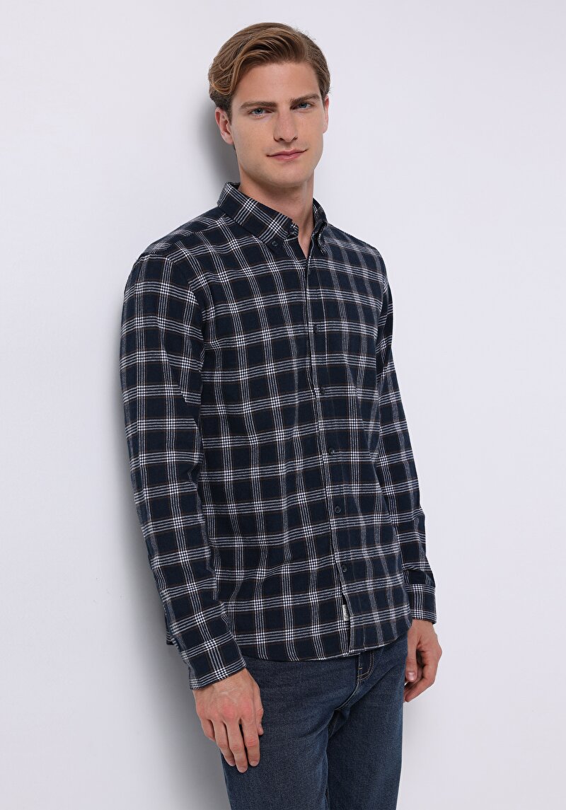 Slim Fit Shirt Neck Ekoseli Erkek Lacivert Uzun Kol Gömlek