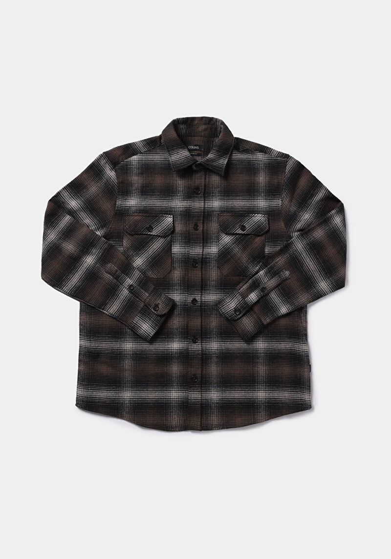 Comfort Fit Shirt Neck Ekoseli Erkek Kahverengi Uzun Kol Gömlek