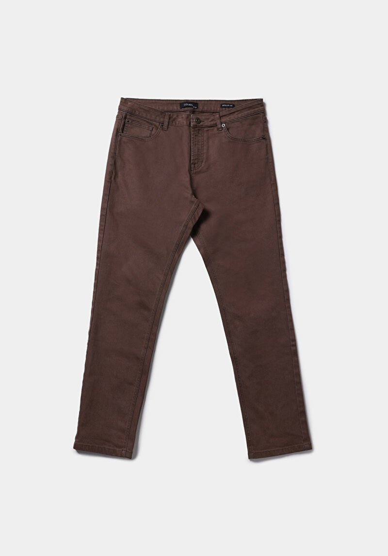 Regular Fit Orta Bel Düz Paça Erkek Kahverengi  Pantolon