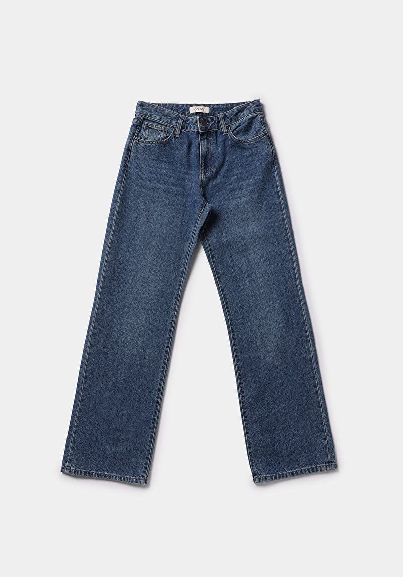 Straight Fit Orta Bel Düz Paça Kadın İndigo Jean Pantolon