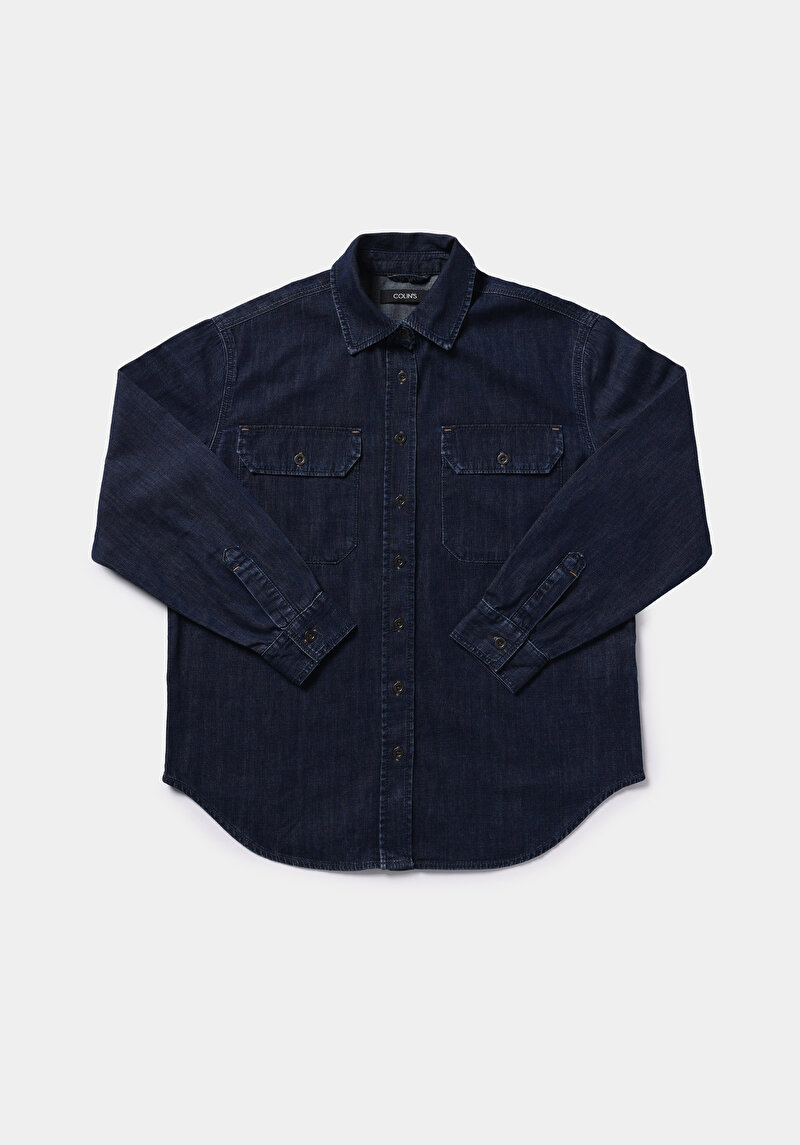 Regular Fit Klasik Yaka Düz Kadın Koyu Mavi Uzun Kol Gömlek