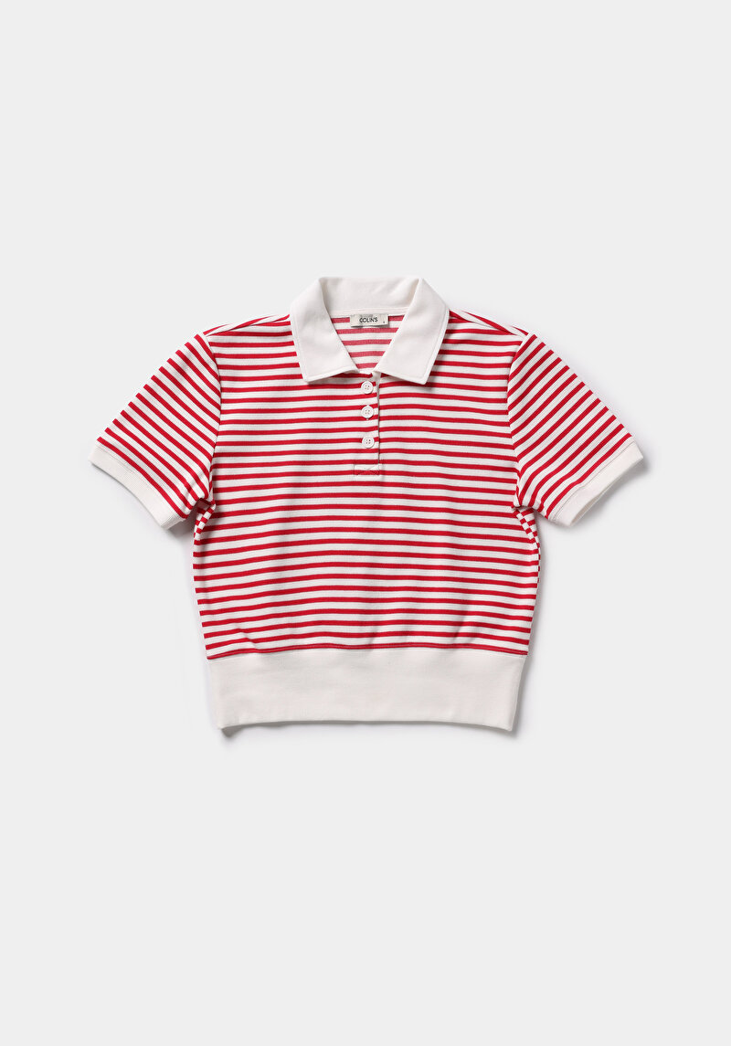 Slim Fit Polo Yaka Çizgili Kadın Kirmizi Kısa Kol Tişört