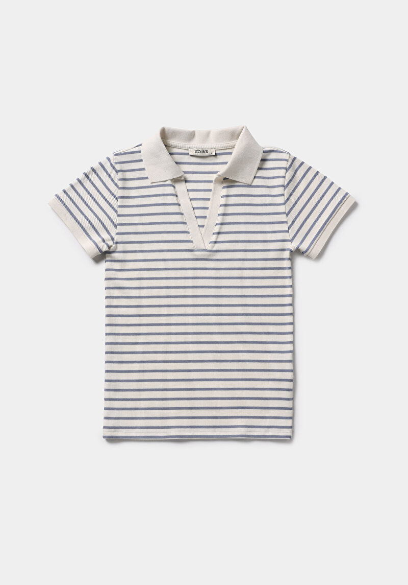 Slim Fit Polo Yaka Çizgili Kadın Mavi Kısa Kol Tişört