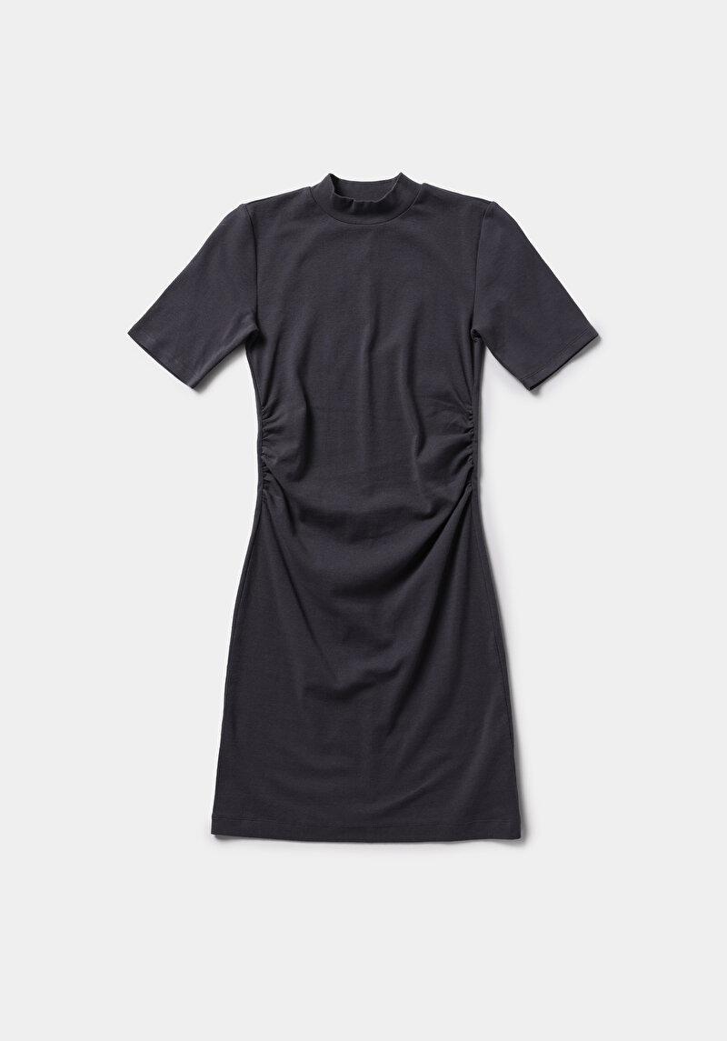 Slim Fit Düz Kadın Antrasit Kısa Kol Elbise