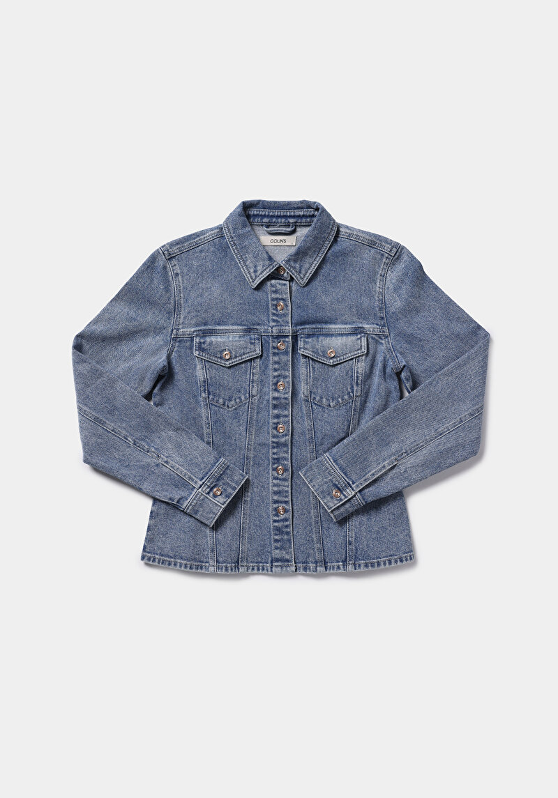 Slim Fit Klasik Yaka Düz Kadın Light İndigo Denim Shacket