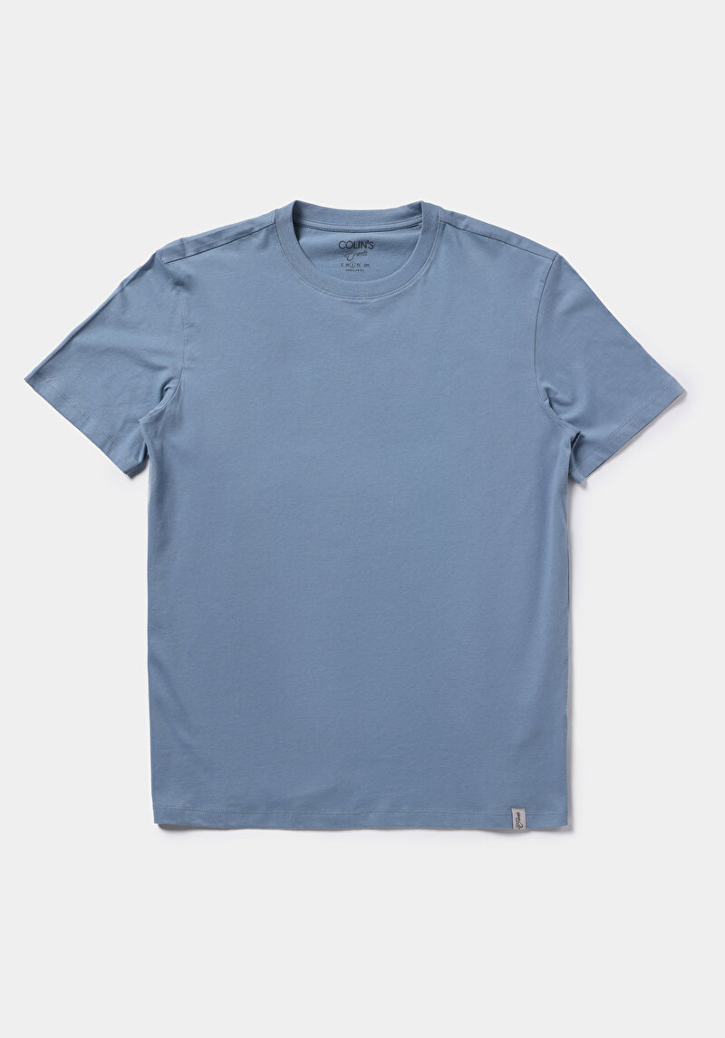 Regular Fit Yuvarlak Yaka Pamuklu Düz Erkek Mavi Kısa Kol Tişört