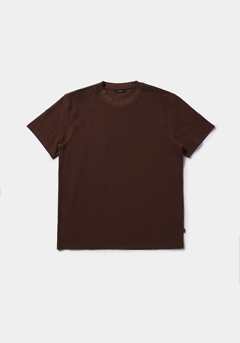 Comfort Fit Yuvarlak Yaka Düz Erkek Kahverengi Kısa Kol Tişört
