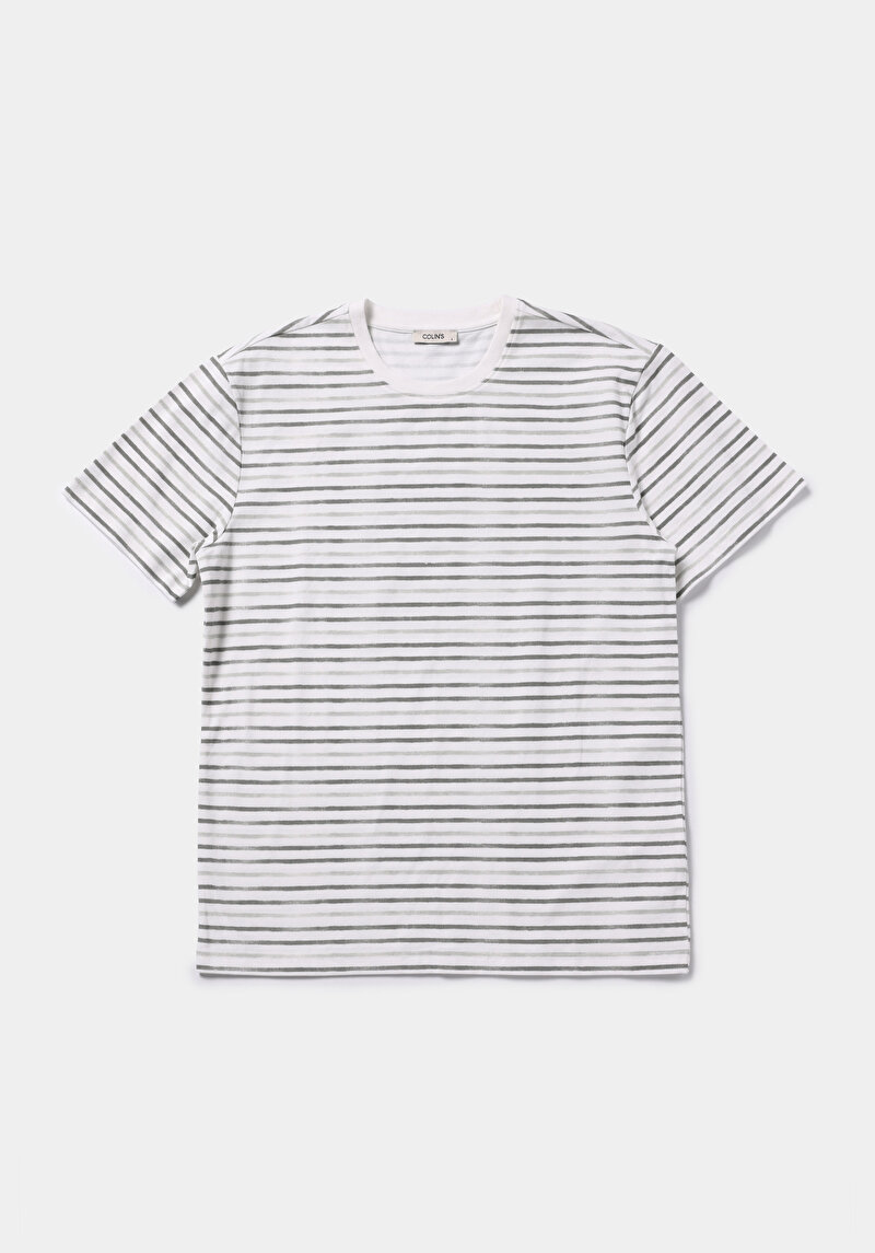 Regular Fit Yuvarlak Yaka Çizgili Erkek Yeşil Kısa Kol Tişört
