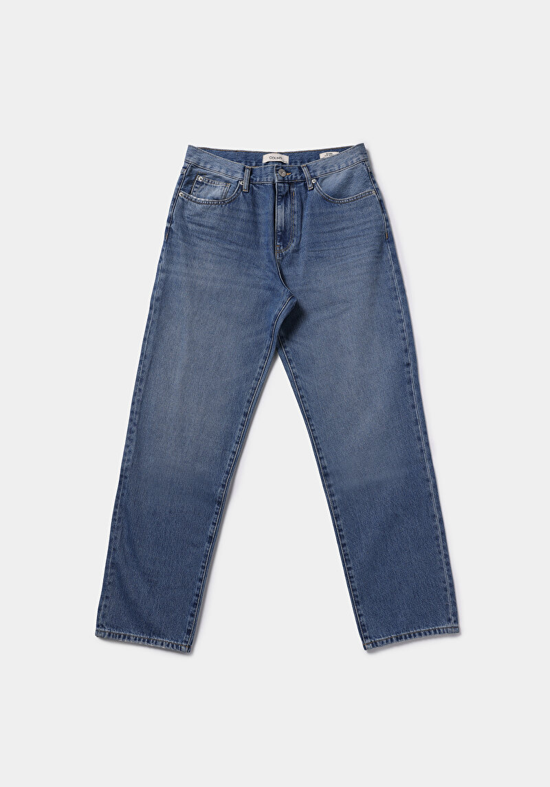 Loose Relaxed Fit   Erkek Mid İndigo Denim Jean Pantolon