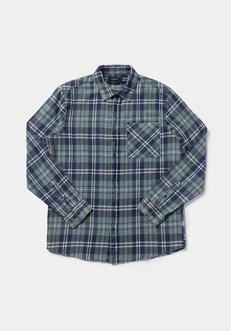 Regular Fit Shirt Neck Ekoseli Erkek Yeşil Uzun Kol Gömlek