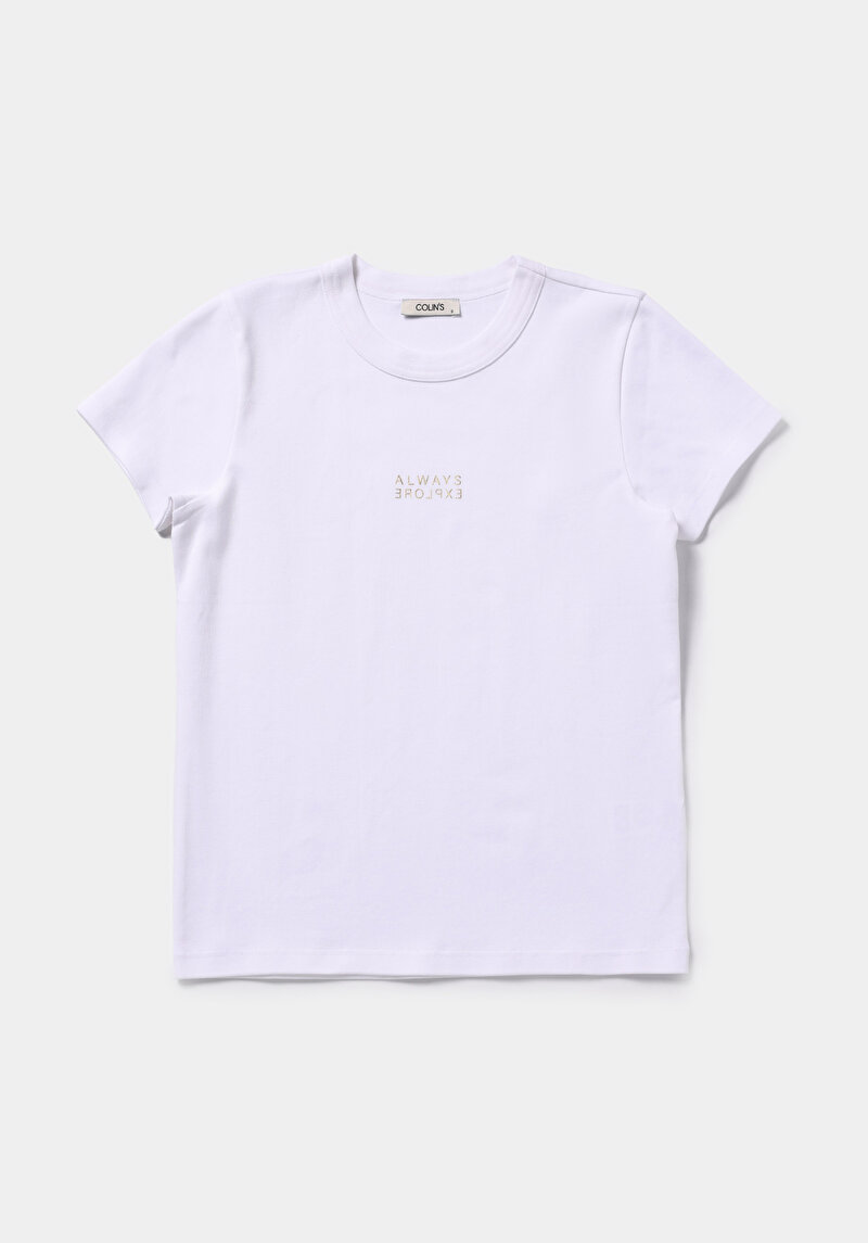 Slim Fit Yuvarlak Yaka Baskılı Kadın Beyaz Kısa Kol Tişört