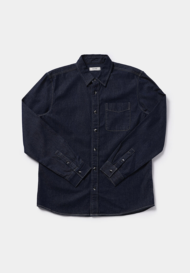 Regular Fit Klasik Yaka Düz Erkek Dark İndigo Denim Uzun Kol Gömlek