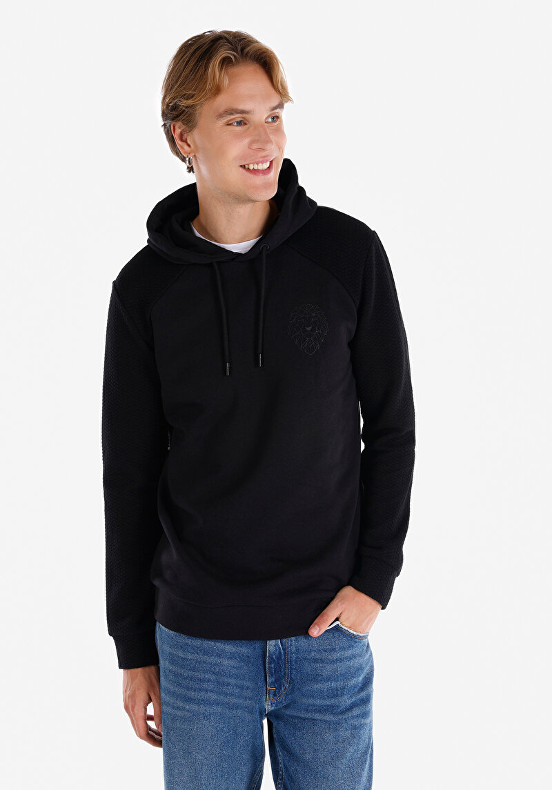 Regular Fit Kapüşonlu Düz Erkek Siyah Uzun Kol Tişört
