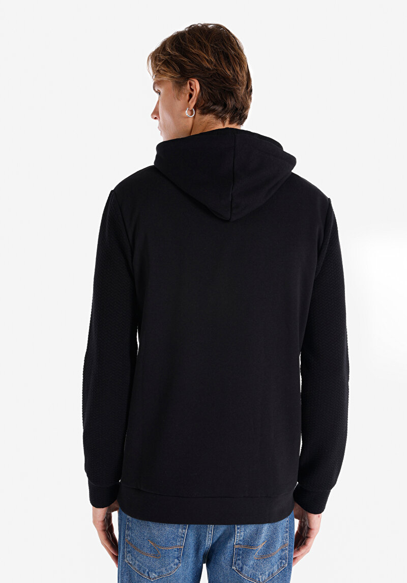 Regular Fit Kapüşonlu Düz Erkek Siyah Uzun Kol Tişört
