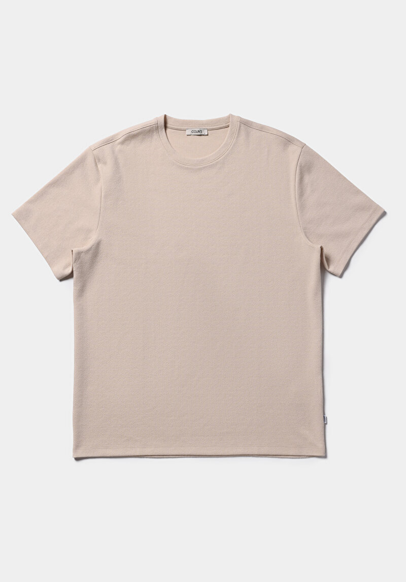 Comfort Fit Yuvarlak Yaka Düz Erkek Bej Kısa Kol Tişört