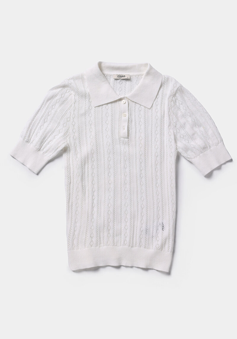 Slim Fit Polo Yaka Düz Kadın Ekru Kısa Kol Kazak