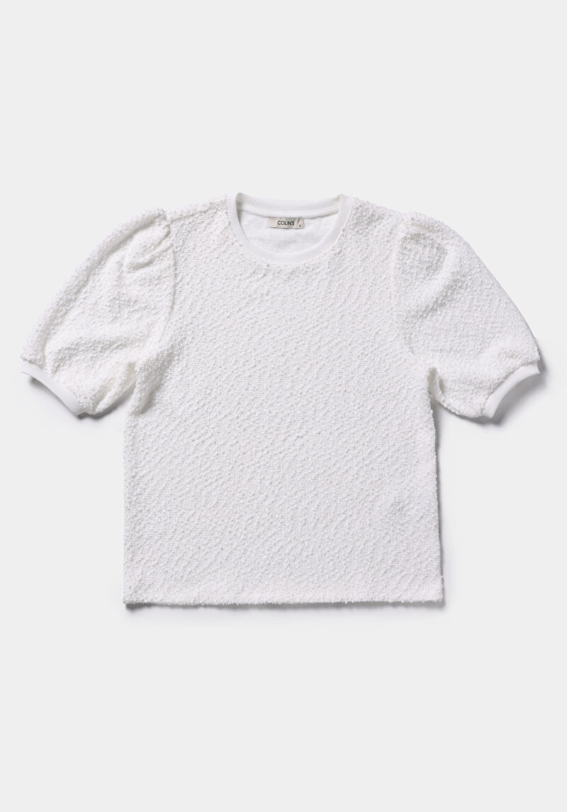 Regular Fit Yuvarlak Yaka Jakarlı Kadın Beyaz Kısa Kol Tişört