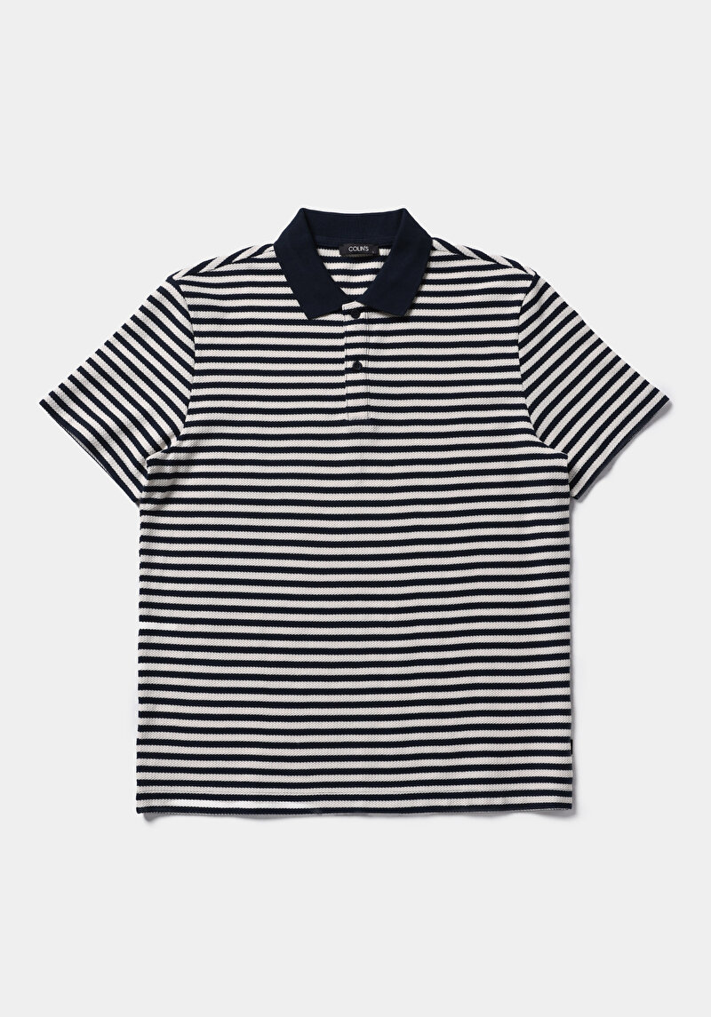 Regular Fit Polo Yaka Çizgili Erkek Lacivert Kısa Kol Tişört