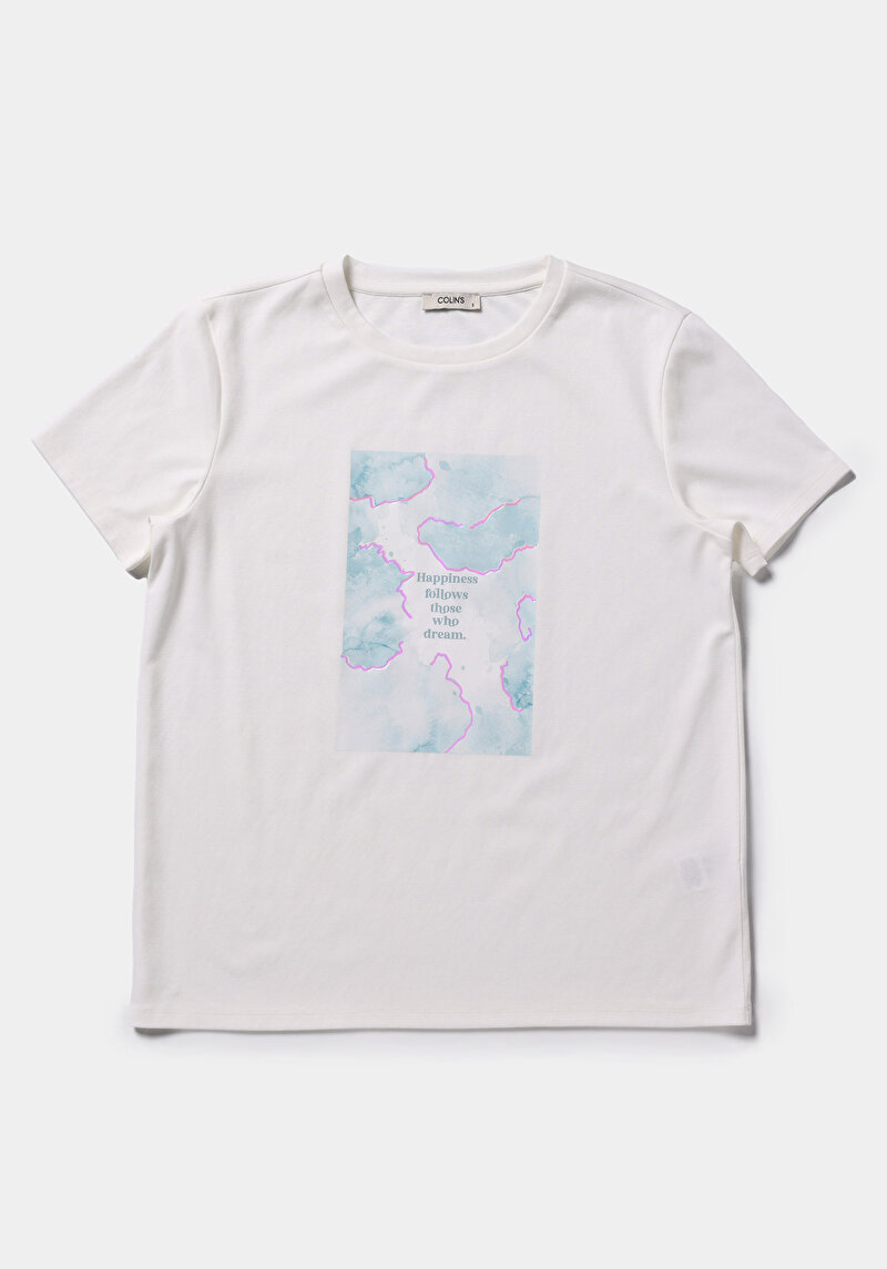 Regular Fit Yuvarlak Yaka Baskılı Kadın Beyaz Kısa Kol Tişört