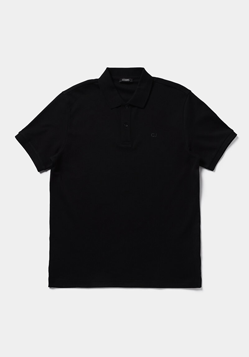 Regular Fit Polo Yaka Düz Erkek Siyah Kısa Kol Tişört